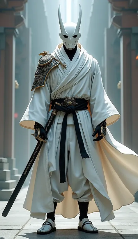 Knight of tomorrow, white armored jacket,black sash, white hakama, Black tabi, white zori, pure white half skull faceless, carry black japan traditional blade, battle in Seireitei