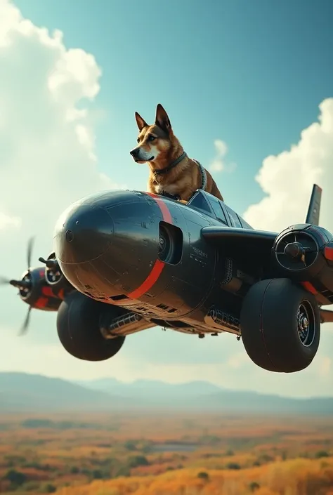 Create a 10-engine, 3-plane plane with giant wheels and pilot a super handsome dog.