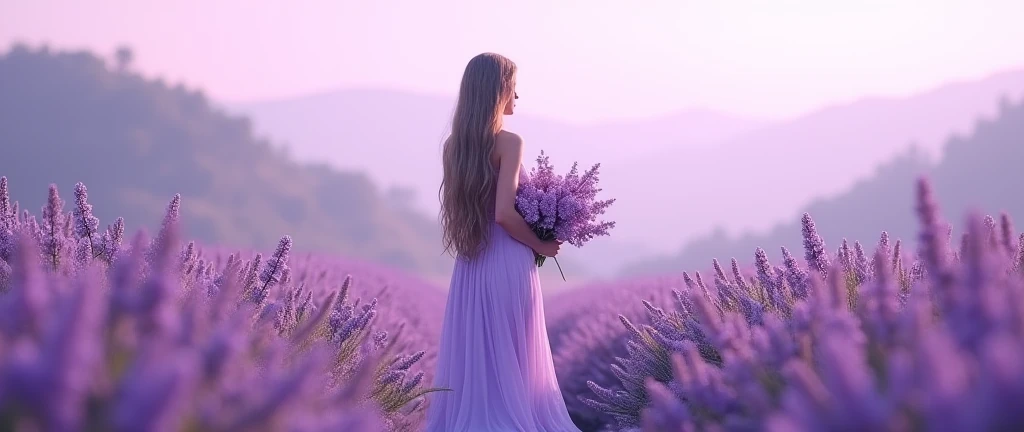  long-haired woman in a lilac landscape, wearing a long dress lila . backwards, holding a bouquet of lilacs