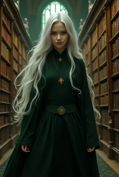 (Harry Potter universe)
(Slytherin girl, 16years old, student robes,, long silver hair, pale skin, green eyes) 
(In the library)