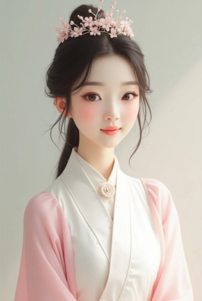 Beautiful Korean Girl
wear a crown
big smile
white pink dress shirt
full body