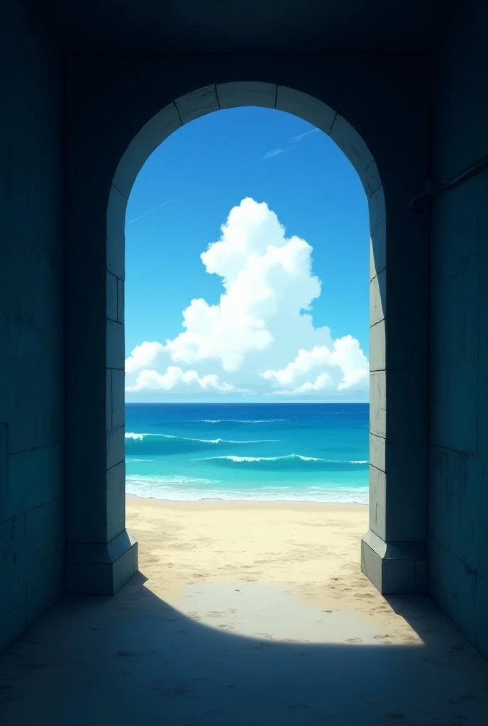  I want to make an album art, but the picture shows the beach from the inside of the tunnel, but the ocean must be visible from the front, and the tunnel must be a dark tunnel. The picture looks like it was created by Ghibli Studio, and the inside of the t...