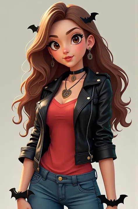  You could make an animated image of a girl with long brown hair, WITH LEATHER JACKET, Blue jeans, Bats and a necklace that hangs over a red t-shirt .