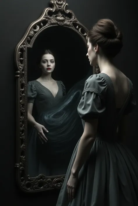  A surreal portrait of an elegant woman ,  period dress , staring into a mirror . Instead of his reflection of his face , A huge black hole appears that covers his entire face. The image is dominated by dark tones , You can see 3 /4 of the woman outside th...