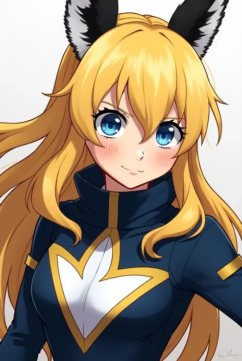  Anime-style cartoon showing a young original character inspired by the universe of Boku at the Hero Academia.  She is the daughter of All Might and the great-granddaughter of All for One , with a striking and powerful appearance.  Her hair is blond with b...