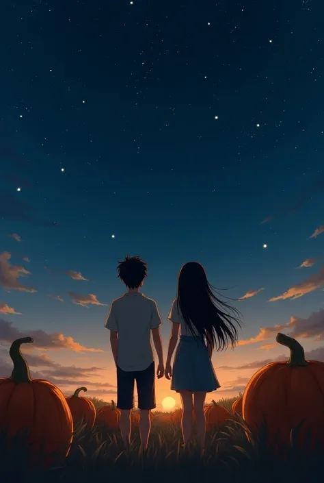  a young man with short hair and a young woman with long black hair who are friends, Watching the stars stand with their backs at night. They are in a pumpkin field 