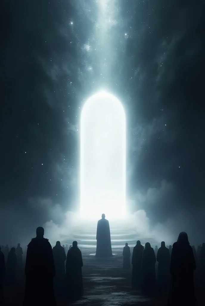  The image represents a solemn and impactful scene ,  inspired by Revelation 20 :11. in the center,  a large white throne and glistening floating in a dark and ethereal environment .  The intense light that emanates from the throne softly illuminates the a...