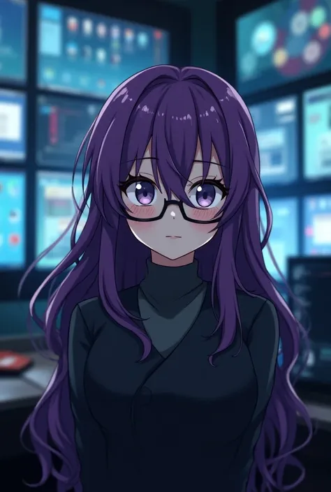  Purple-haired anime with black glasses programming alone with multiple screens
Matrix Like