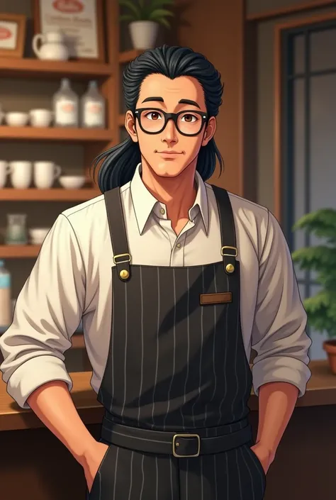  A 54 year old Japanese man with black hair in a longer mullet.  Has brown eyes and is the owner of a café .  Is dressed elegantly and comfortably with elegant glasses .  Is 59 tall with good build and muscles . 