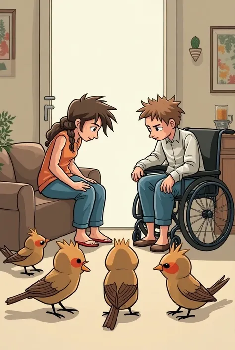 Three s with frizzy hair(One of the sparrows , another with braids and the other with another similar hairstyle ), seeing your cleaning mother and maid arguing with her husband  ( a wheelchair user who had one of his legs busted below the knee. the house w...