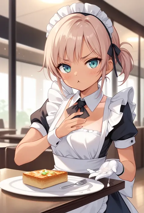 masterpiece, best quality, highres, 40010go prototype, tan, maid, short sleeves, (Cum only on hands:1.2), white gloves, looking at viewer, pout, blush, cafe,(no bra:0.5), (no panties:0.7),(vagina juice), (lean forward:1.1), indoors