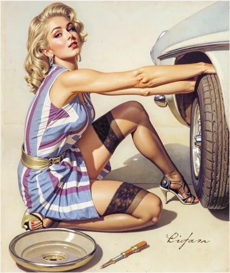 Spectacular vintage pin-up hot glamorous busty 30yo brunette, blue eyes, kneeling beside a classic car. She should be wearing a colorful striped dress and high heels, exuding confidence while working on the tire. Incorporate playful elements like tools sca...