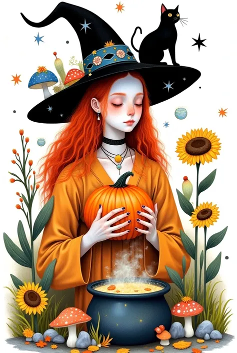 young woman,  closed eyes , Sunflowers, holds a pumpkin in her hands , fly agaric witch hat , black cat nearby ,  witch cauldron with a bubbling orange potion,  jewelry , autumn leaves,  lots of fly agaric mushrooms ,  long hair, compose,  red hair,Paintin...