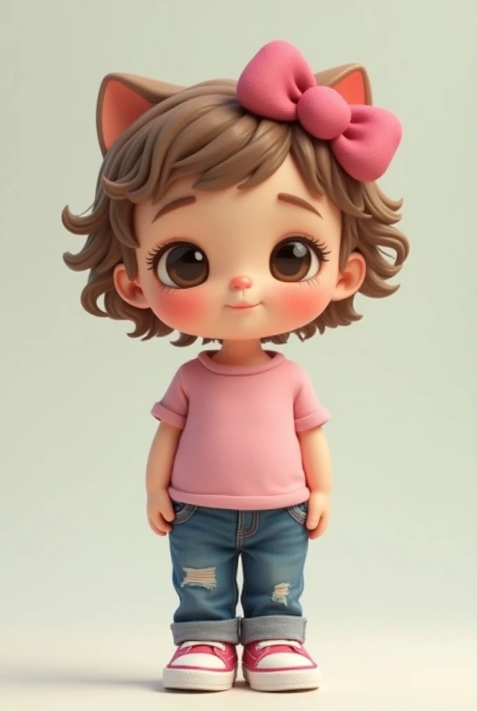 Give me a Hello Kitty,  that has white skin but a little bit brown,  with short curly, light brown hair , brown eyes, with a pink shirt , jeans and sneakers 