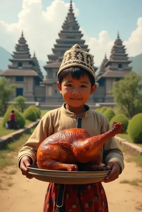 Nepali historic temple background, nepali  of 6 yeras carrying a whole grill chicken in nepali dhaka topi daura suruwal
