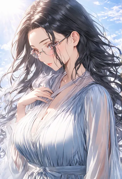 POV: Far ((highest quality)), ((masterpiece)), (detailed), (one girl), sexy, shiny skin, glossy skin, height 168cm, bust 120cm, medium size breast, hourglass body, housewife, black hair parted bangs, A mother with warm eyes, Looking down with gentle eyes, ...