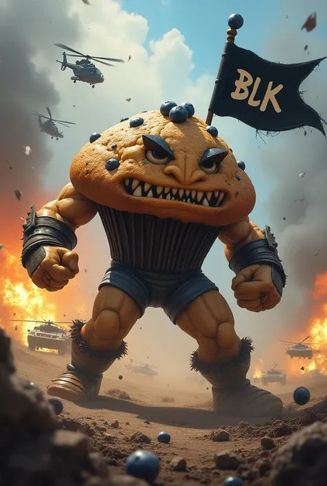 angry blueberry muffin superhero that looks like delicious but angry in a battlefield with explosions and jets and helicopters and tanks holding a black flag with the letters "BLK"