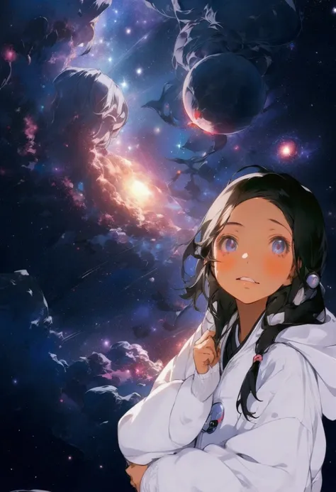 anime girl in white jacket with black hair and a black and white galaxy in the background, girl in space, portrait anime space cadet girl, anime girl with cosmic hair, on a galaxy looking background, tatami galaxy, ufotable art style, planetes, nightcore, ...