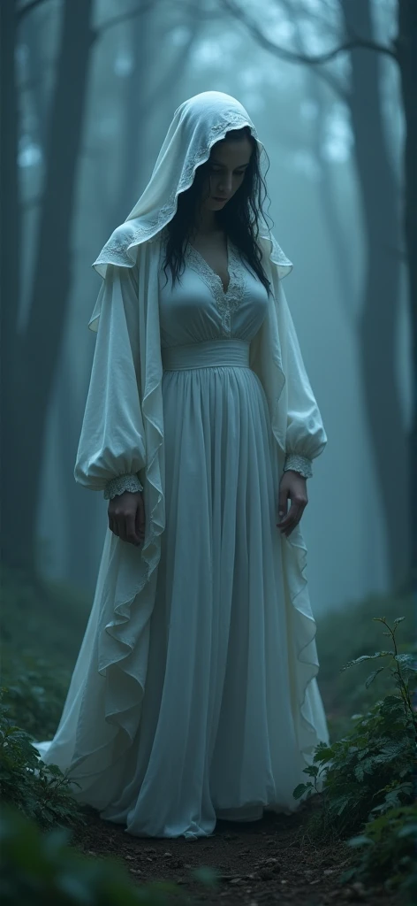 masterpiece, best quality, ultra high res, beautiful, visually stunning, elegant, incredible details,  award-winning art,  g0s1, ghost,hood,torn cloak,  faceless,     nature, forest, night, fog, night sky,     1girl, solo, breasts, no humans, floating, whi...