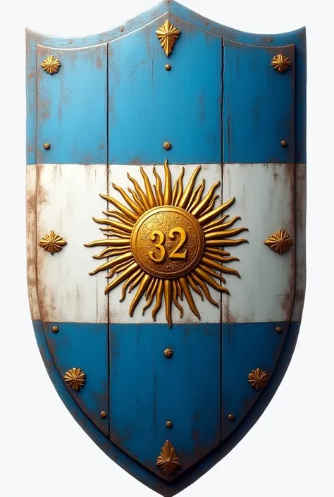  front image of a realistic shield ,  Spartan style ,  circular rays .  of the color of the Argentine flag , Celeste and white,  with relief details , golden color.  With the Sun of May , of 32 ,  characteristic of the Argentine flag in gold