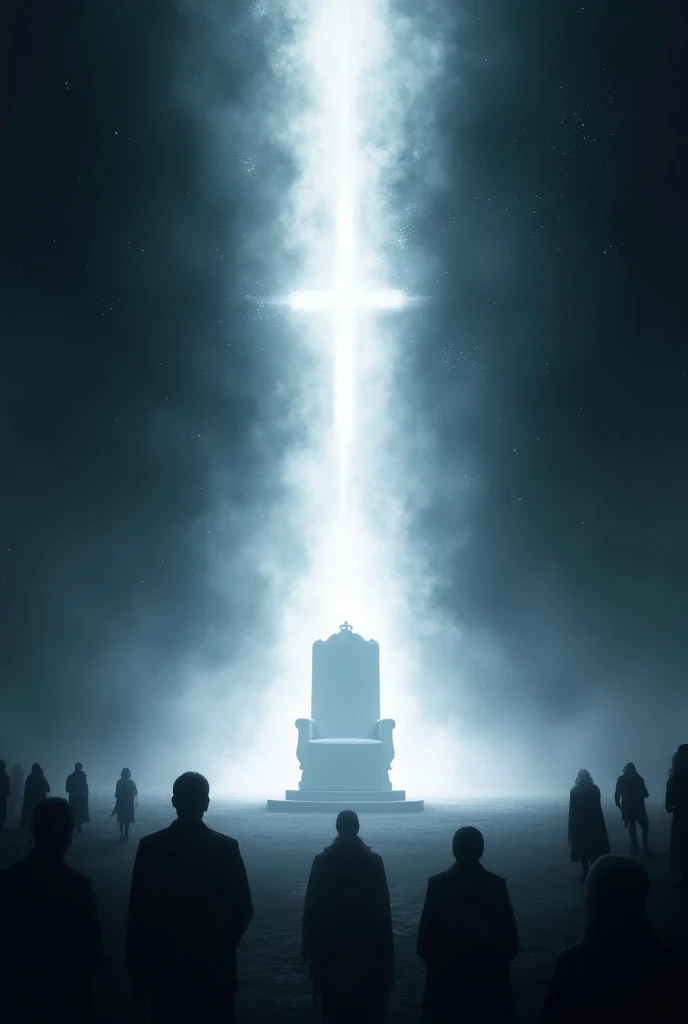  The image represents a solemn and impactful scene ,  inspired by Revelation 20 :11. in the center,  a large white throne and glistening floating in a dark and ethereal environment .  The intense light that emanates from the throne softly illuminates the a...