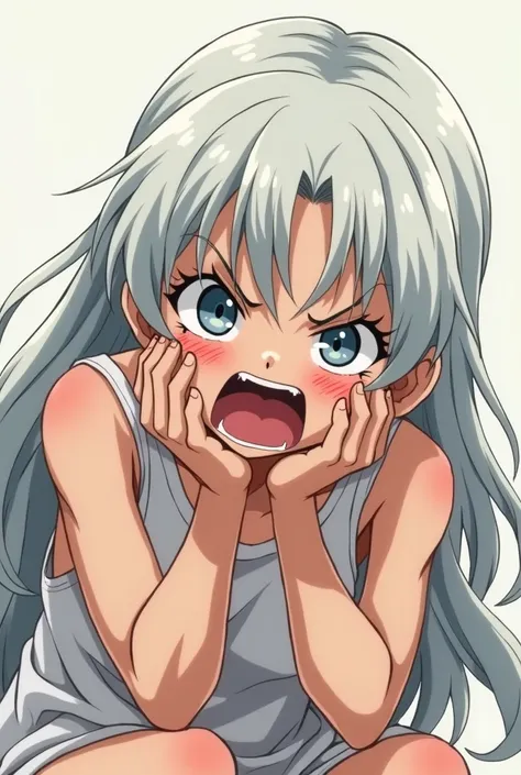 A barefoot white-haired anime girl choking with a desperate face and with her hands on her neck almost 