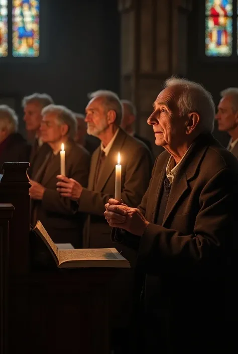 Old people holding candles in a church mass 