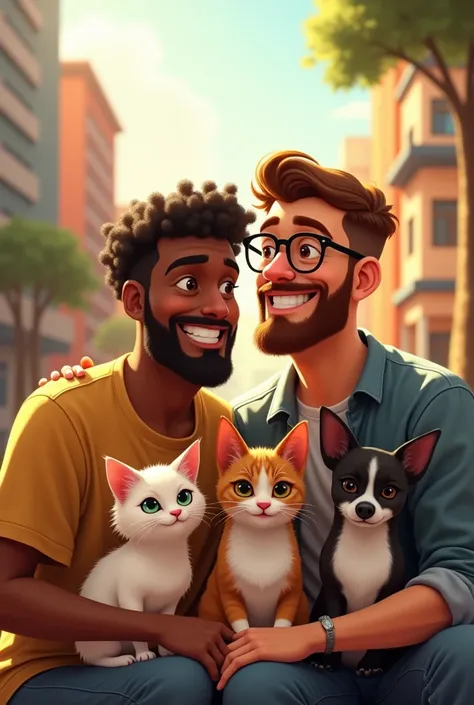 A married gay couple , around 30 years. one is brown,  has very short curled hair ,  brown eyes , with a little beard. The other one is white , short light brown hair (social), with a well-groomed beard. Green eyes with glasses. 
 They are in São Paulo 
Al...