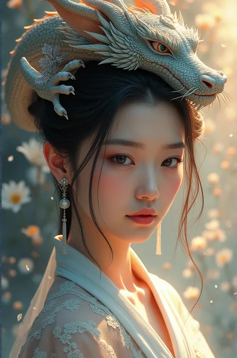 a close up of a woman in a dress with a dragon on her head, chinese fantasy, beautiful digital artwork, ross tran 8 k, jingna zhang, xianxia fantasy, cgsociety and fenghua zhong, chinese style, dragon-inspired cloth robes, ross tran and wlop, queen of the ...