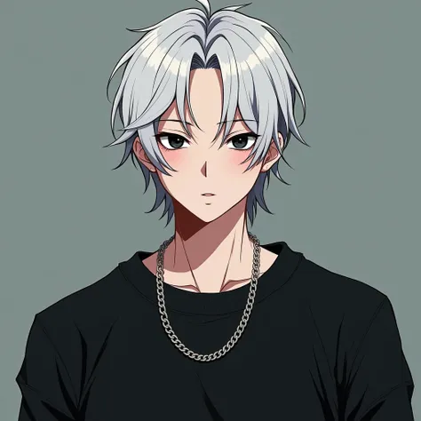 1 man, anime edtilo blue lock , skinny, medium long hair,  white hair and a little black on the bottom tips , A silver chain , with a totally black sweatshirt , Let it not be too serious, black eyes ,  that you are seeing in front of the screen and is a ph...