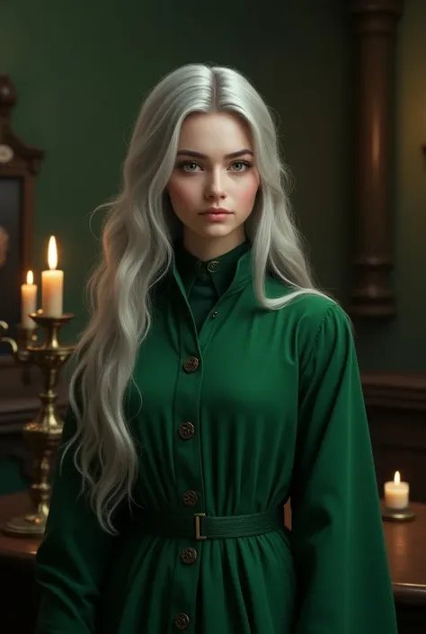 (Harry Potter universe)
(Slytherin girl, 18years old, student robes,, long silver hair, pale skin, green eyes, smirking, high self esteem, confident)
(In the Slytherin common room)