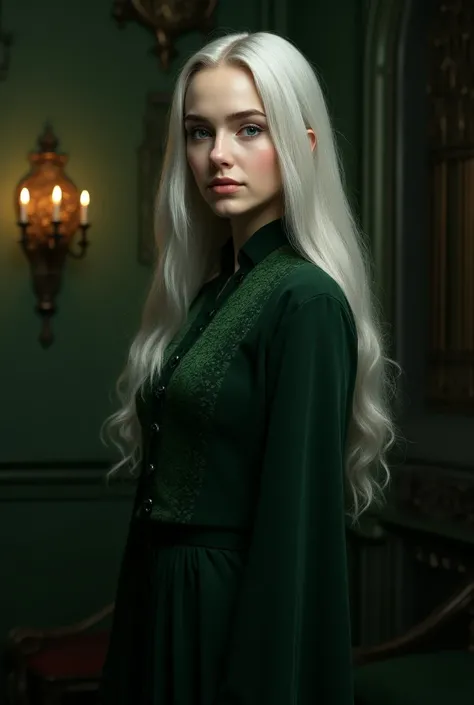 (Harry Potter universe)
(Slytherin girl, 18years old, student robes,, long silver hair, pale skin, green eyes, smirking, high self esteem, confident)
(In the Slytherin common room)