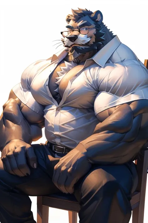 masterpiece,1boy, 1man, solo, (furry gray Otter), Sitting in a chair, looking at viewer ,full-body shot,(face, detailed face, bearded, white beard, thick mustache), (glasses), white background, extremely huge muscular, massive muscular , sixpack , (White s...