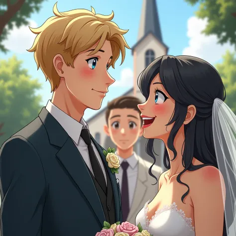 In the background a church in the distance the priest and a 22-year-old man with blond hair blue eyes have a dimple on his left cheek he has a hoop piercing on his lower lip he has a 3-piece suit in front of him a 20-year-old girl with black hair blue eyes...