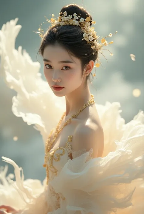  A beautiful ballerina in ancient China, delicate lines , gorgeous costumes in ancient China ,delicate and vivid,[shy face,cejas de hoja de sauce,representation of personality,coiled hair,Gold leaf,flowing clouds,watercolor,crane surrounding,ink painting,g...