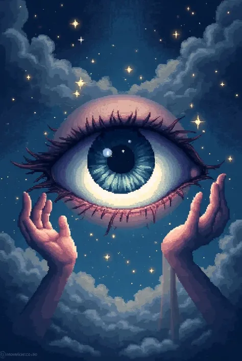 Create a pixel-style eye with hands in space  ,  that says in the CELESTIAL environment 