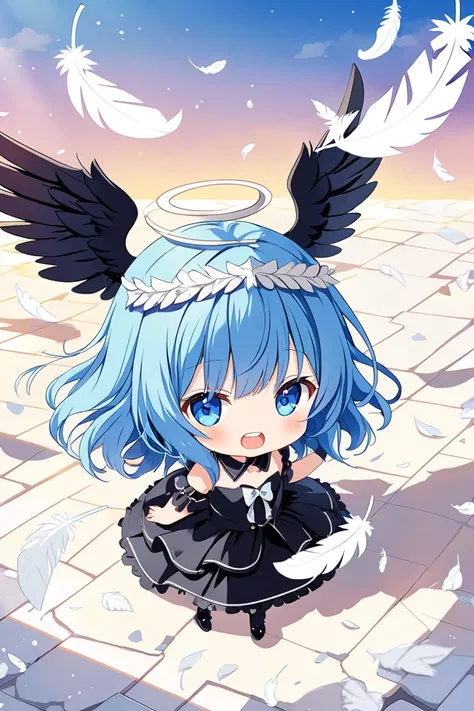 Vector art、:0.5),Blue hair、cuteFallen Angel Costume、((Fallen Angel)), Ragged White Feathers , White Feather Hairpin ,((Oblique eyes)),teeth,cute,Scattered White Feathers , Beautiful background 