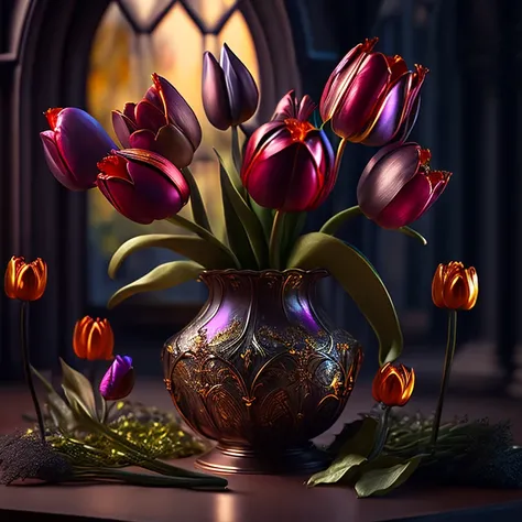   super quality , (8k,  RAW Photos, Realistic),  Metal Plated Artificial Flowers ,  tulips,  Gothic Gardens,  Detailed and Delicate Depictions and Flashy, Dynamic Painting Methods,  professional flare lighting 