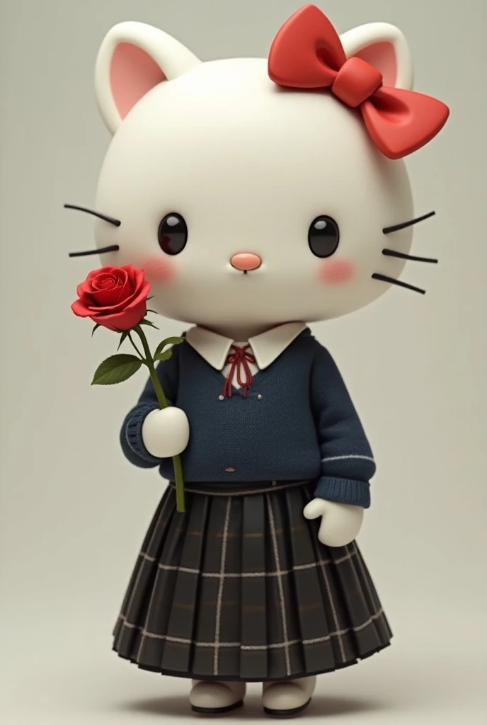 Hello kitty in uniform with plaid skirt in black leather and beige,  with white shirt collar , dark blue sweater, Ribbon on her blue head and with a rose in her hand 