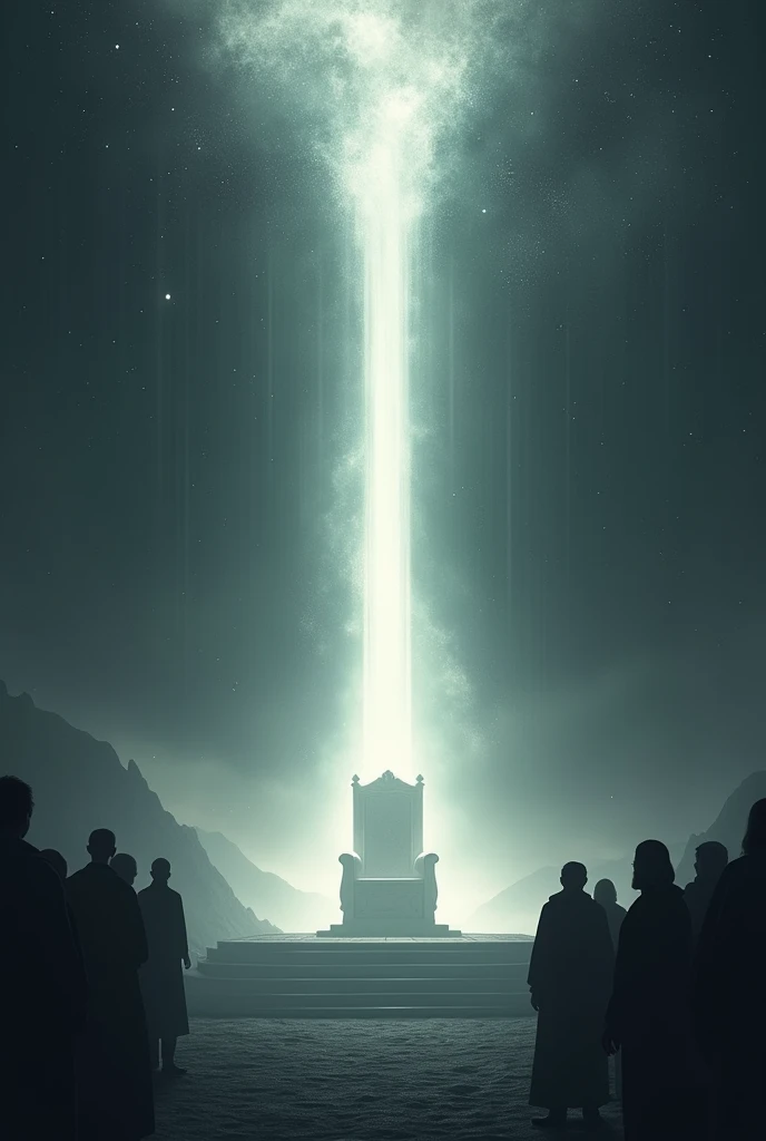  The image represents a solemn and impactful scene ,  inspired by Revelation 20 :11. in the center,  a large white throne and glistening floating in a dark and ethereal environment .  The intense light that emanates from the throne softly illuminates the a...