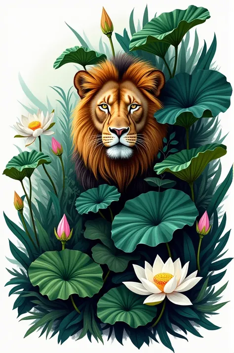 lush vegetation painted by Henri Rousseau on white background with lotus flowers very white background png image with a lion camouflaged in nature 