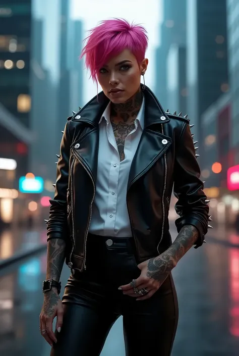 A photo of a supermodel with a cyberpunk futuristic style. She has short pink hair and is wearing a black leather jacket with silver spikes, a white shirt, and black pants. She has multiple tattoos over her body. She is posing for an Instagram picture. The...