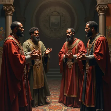 4 brothers in clothes from the middle ages arguing about black messiahs 