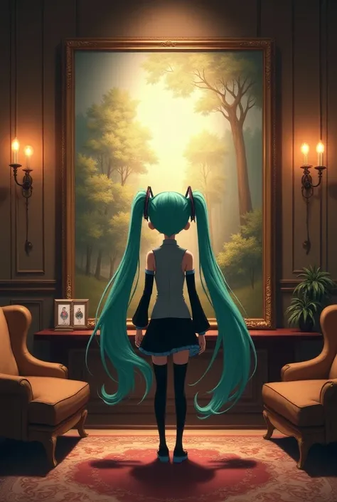 Hatsune Miku looking at a painting in a room 