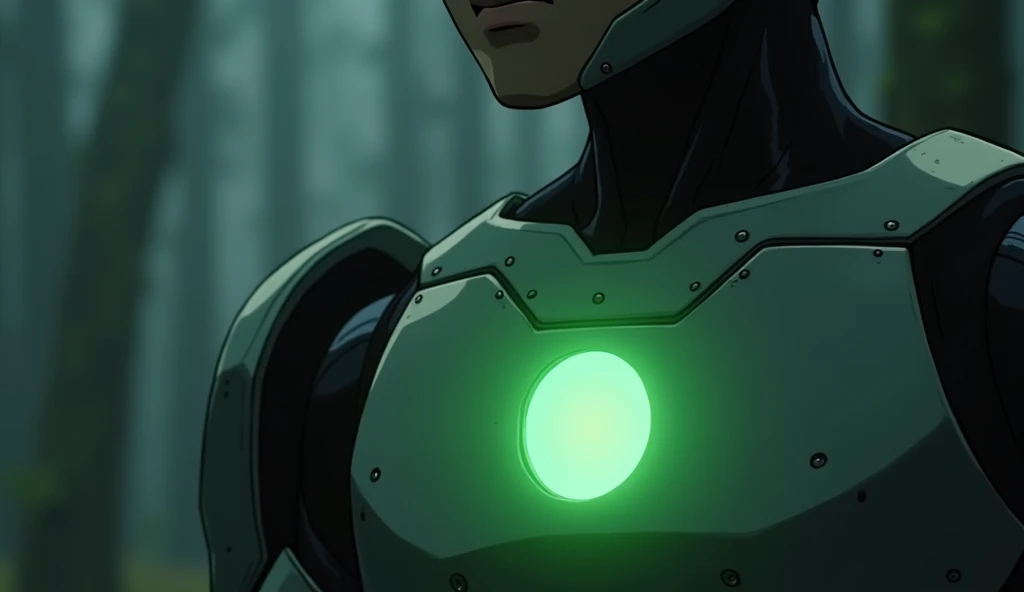 Close-up on the protagonists chest, whos a humanoid robot, where a small, greenish glow from the forest spirit lingers, symbolizing the impact of the encounter. This shot shows the protagonist with a slightly changed expression, as if they’ve gained someth...