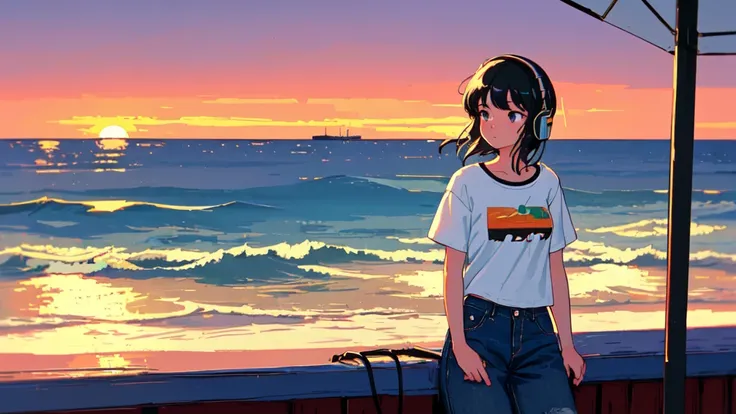 ((cowboy shot)), (lo-fi, retro, pale color, low contrast), (1girl, black hair, black eyes, t-shirt, headphone), (seaside cafe terrace, sunset), (dreamy atmosphere, nostalgic)