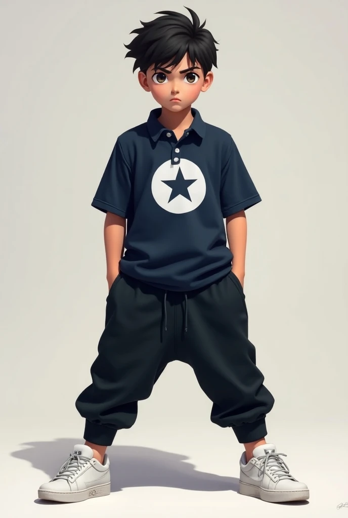 Create a dramatic and realistic illustration with shadows featuring a young adult posing as a kokutsu dachi, with a serious and determined expression,            dressed in a midnight blue polo shirt with a star inside a white circle , , a tight black jogg...