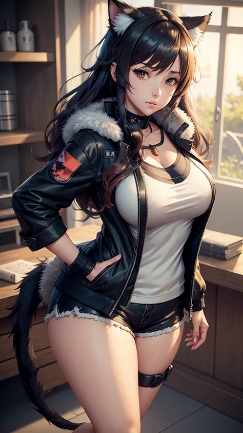 Anime girl in short shorts and cat tail jacket, (sfw) Safe for work, fluffy chest,  Kantai Style Collection , thick, big thighs, seductive anime girl, from s of the front line, ,  de arknights,  fanart by Marin Kitagawa , fine details. s of the front line,...