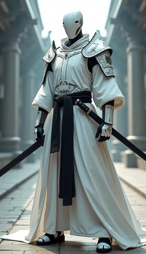 Knight of tomorrow, white armored jacket,black sash, white hakama, Black tabi, white zori, pure white half skull faceless, carry black japan traditional blade, battle in Seireitei