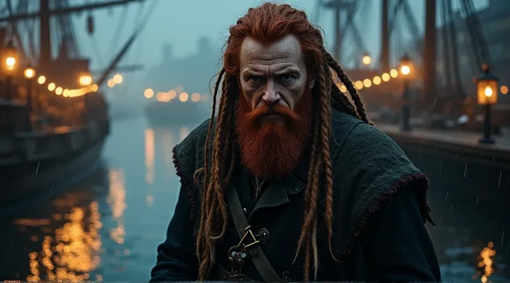 Captain Grimshaw imposing figure with a beard and red hair, his hair has long dreadlocks with tattered, disembarks from his ship onto the rain-slicked, cobbled docks of the small port. He stands in the shadow of the ship’s lanterns, casting an eerie glow t...